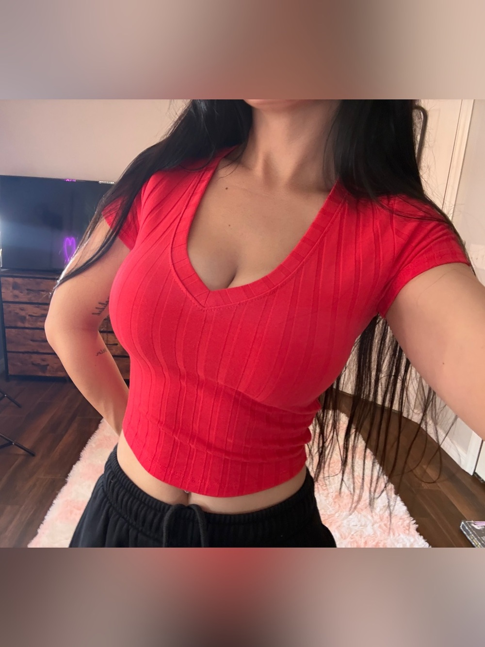 Bozzolo Womens Small Red V Neck Short Sleeve Ribbed Knit Fitted Crop Top Shirt S